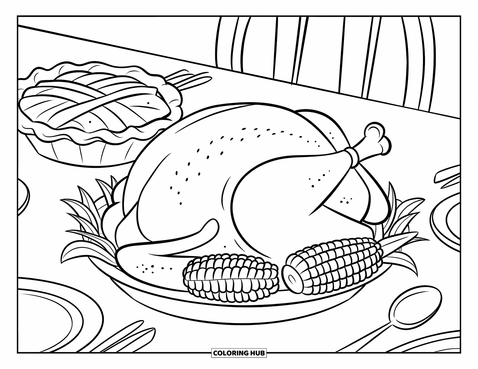 November Coloring Page for Kids: A turkey sits in the center of a table with pie and corn nearby