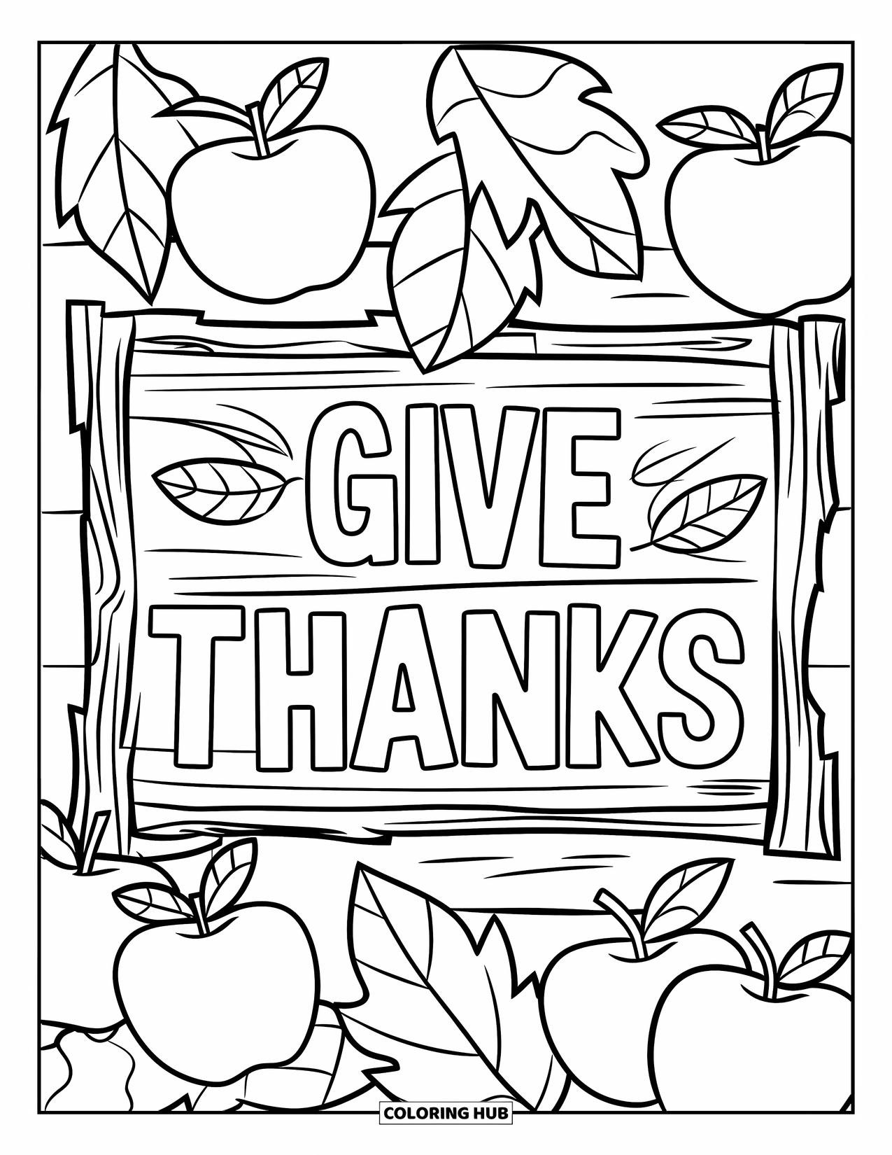 November Coloring Page for Kids: A wooden sign with leaves and apples says "Give Thanks" on a white wall