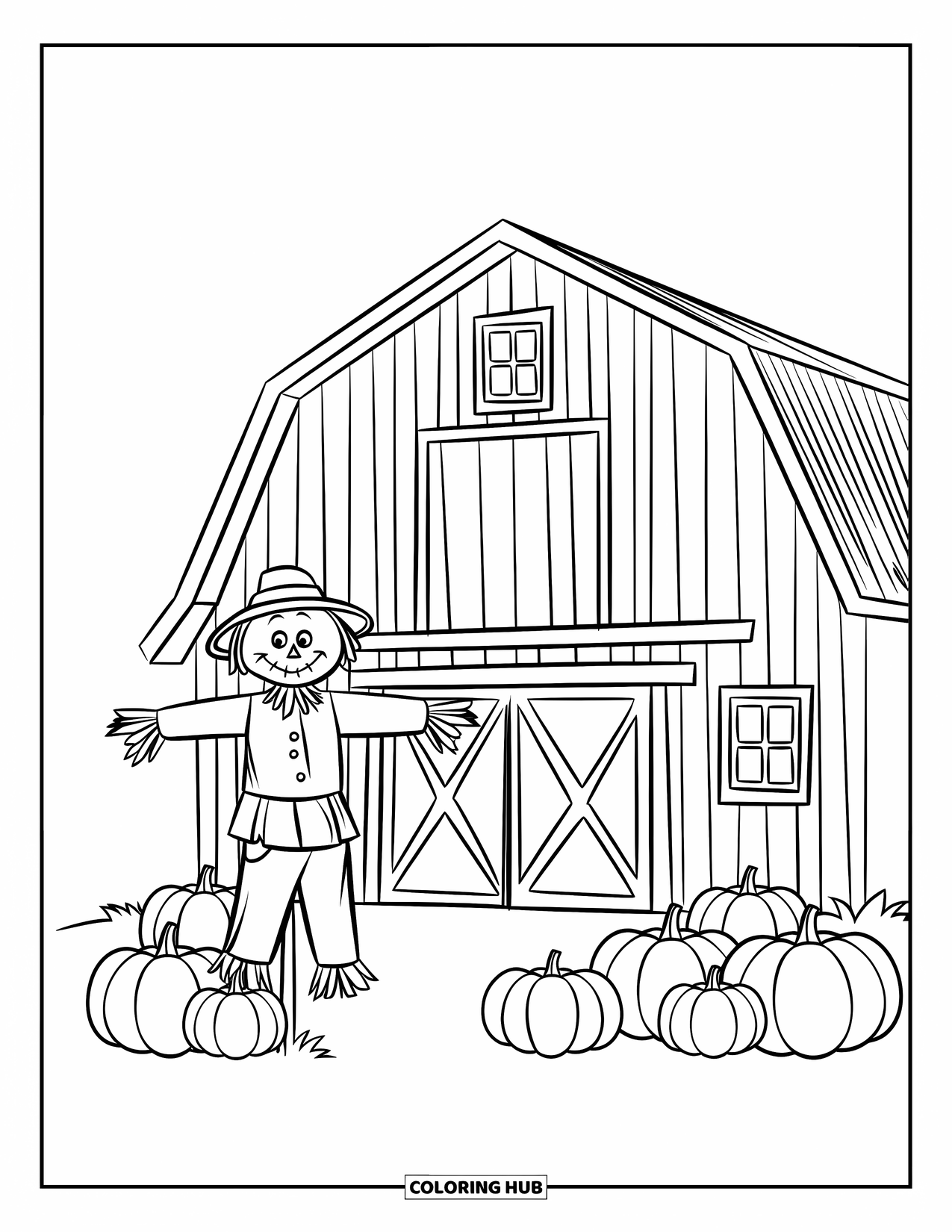 November Coloring Page for Kids: Pumpkins sit in front of a barn with a cheerful scarecrow in a yellow shirt
