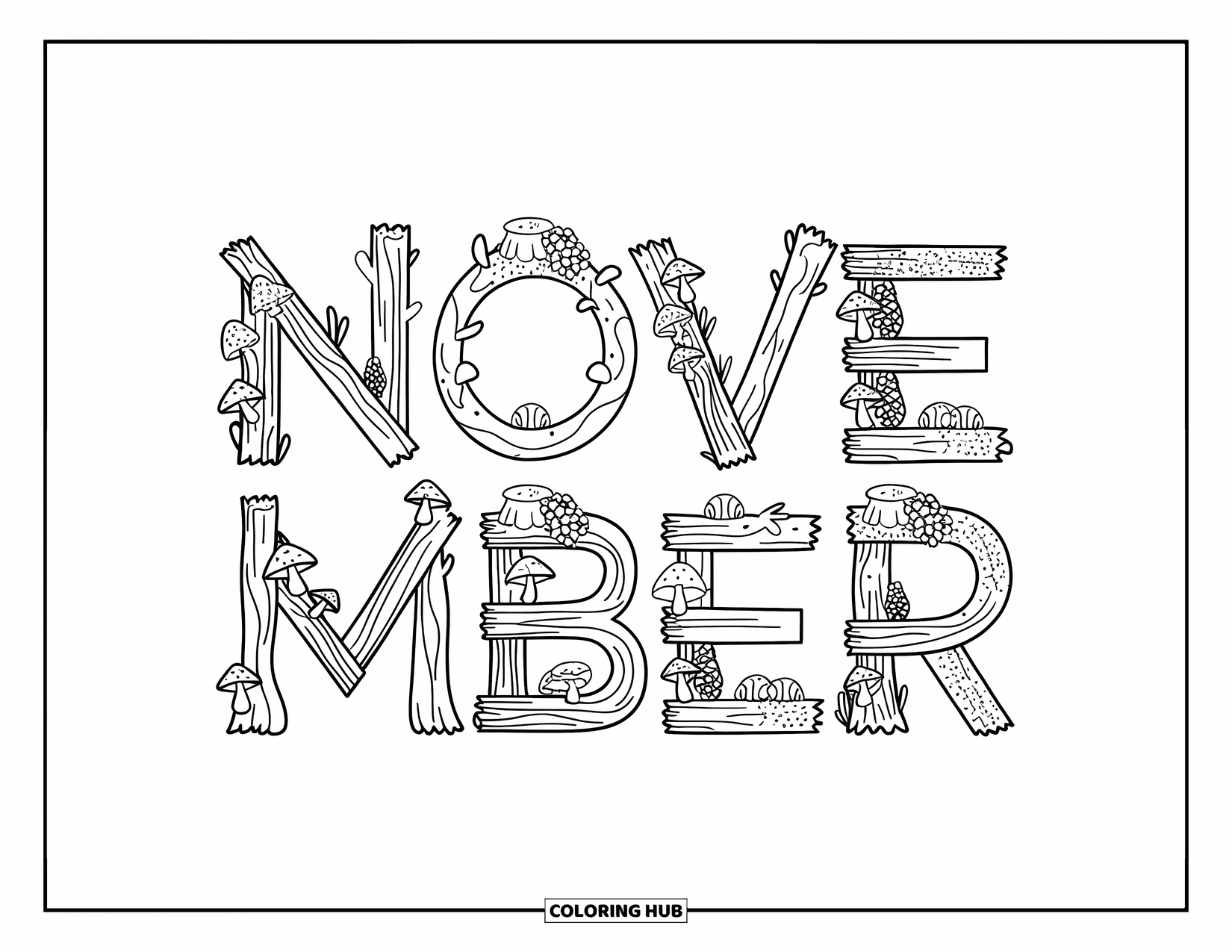 November Coloring Page for Kids: Rustic wooden November letters filled with tiny mushrooms and berries