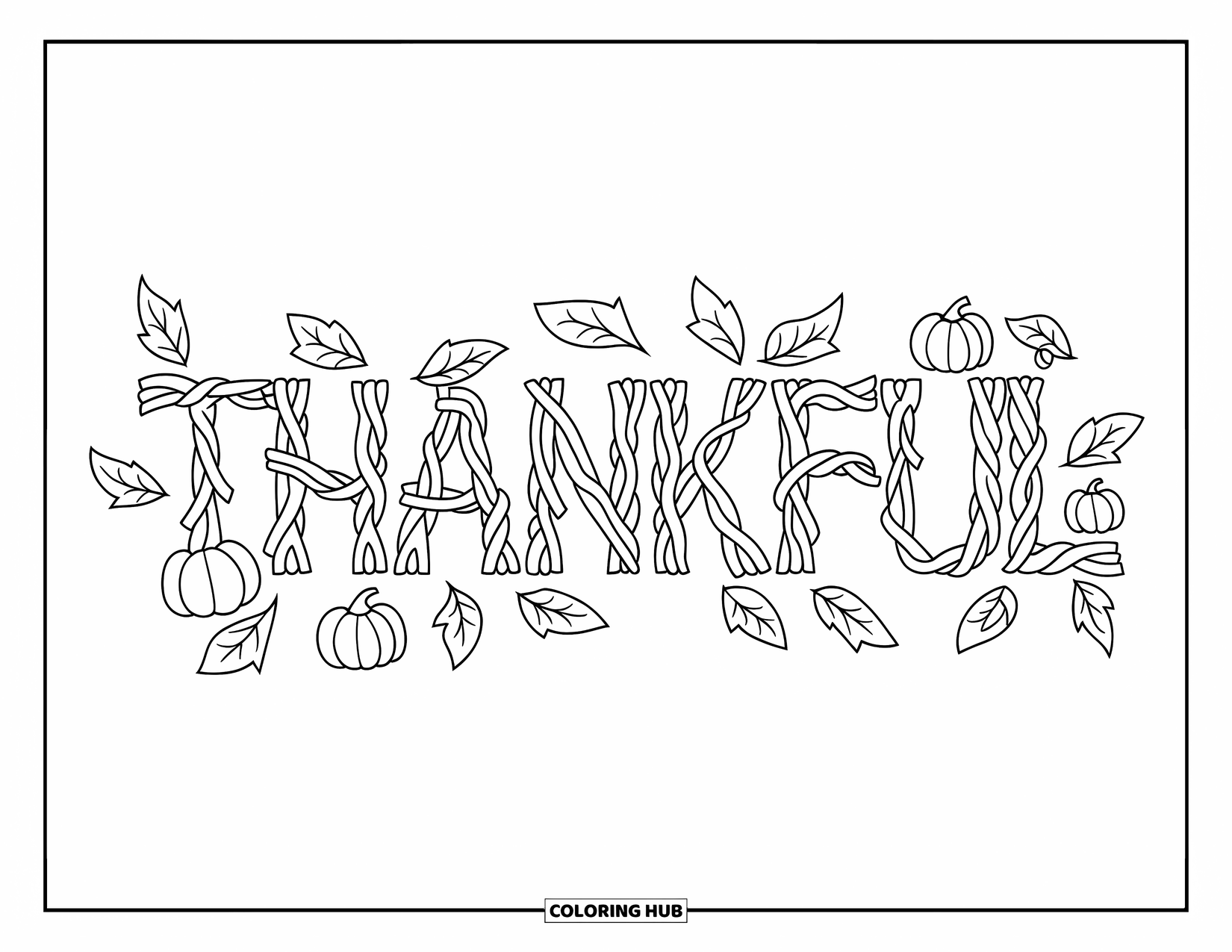 November Coloring Page for Kids: THANKFUL is written with branches and pumpkins on a white background