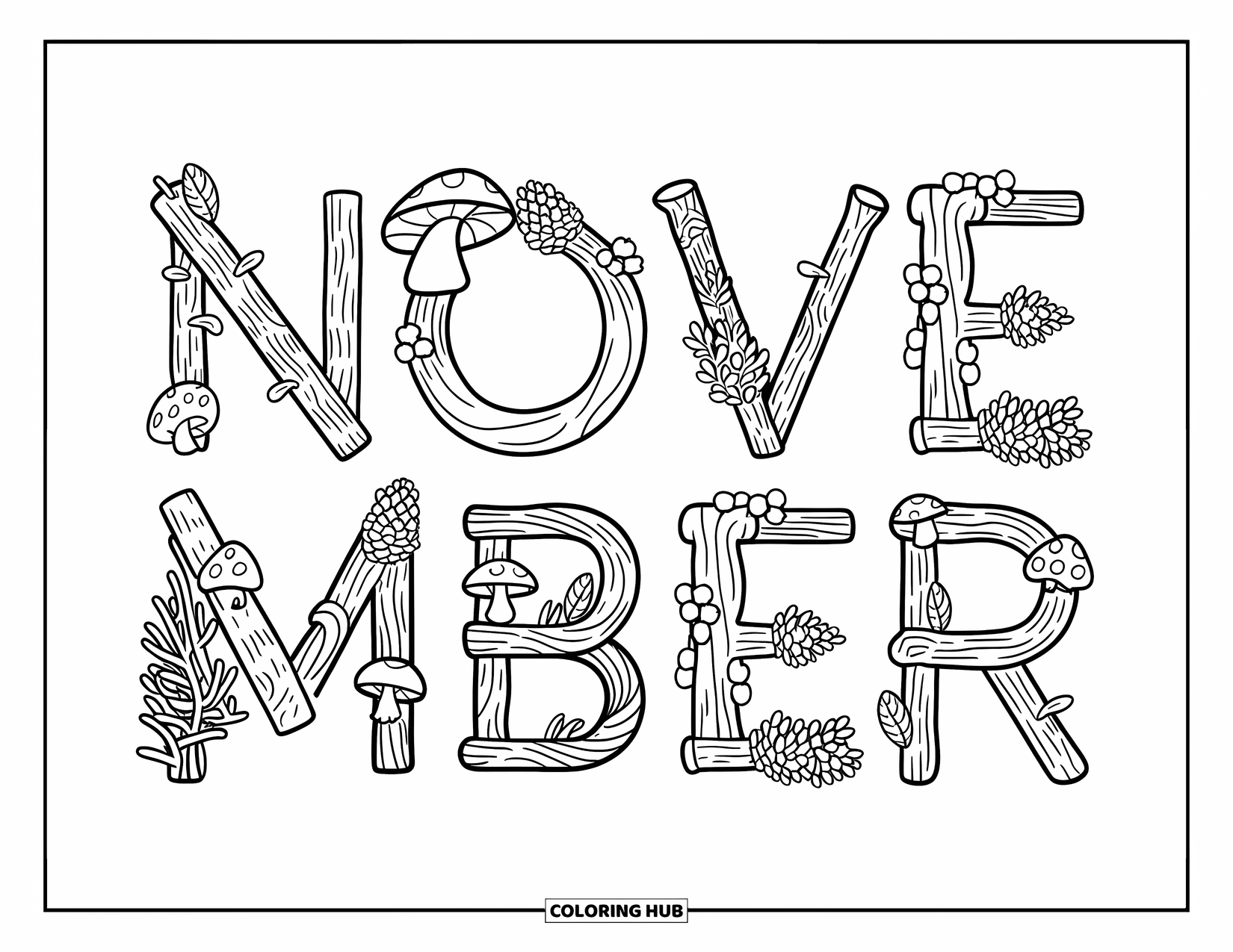 November Coloring Page for Kids: Twigs and boards form the letters of November, filled with forest treasures