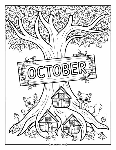 Coloriage d'octobre pour adultes : Un grand arbre abrite des maisons d'animaux avec des feuilles tourbillonnantes et une enseigne d'octobre sur le tronc