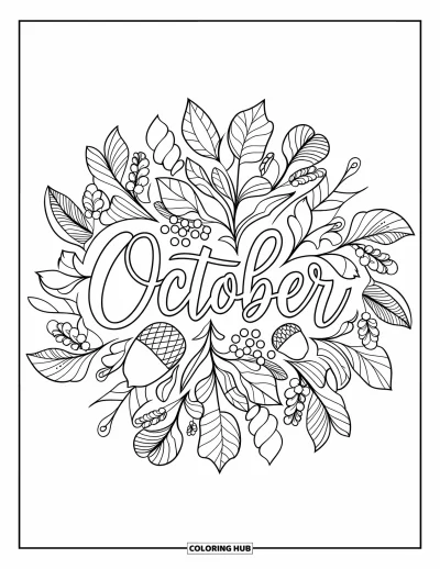 Coloriage d'octobre pour adultes : Un mandala botanique d'éléments d'automne entoure le mot octobre en cursive élégante