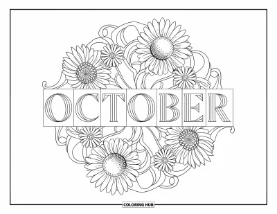Coloriage d'octobre pour adultes : Un cercle de tournesols et de pétales tourbillonnants entoure le mot octobre