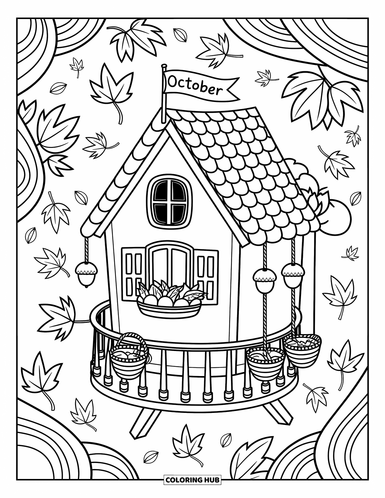 October Coloring Page for Adults: A cozy treehouse with snacks, lanterns, and a flag that reads October