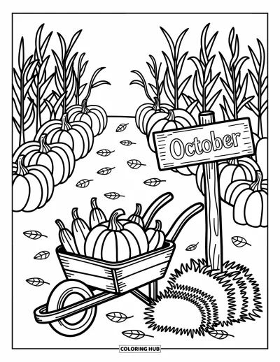 Coloriage d'octobre pour adultes : Un potager rempli de citrouilles, de maïs et d'une joyeuse enseigne d'octobre près d'une brouette