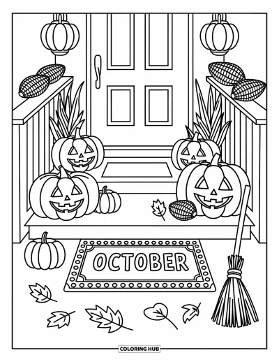 Coloriage d'octobre pour adultes : Un porche avec des citrouilles, des lanternes et un paillasson marqué octobre
