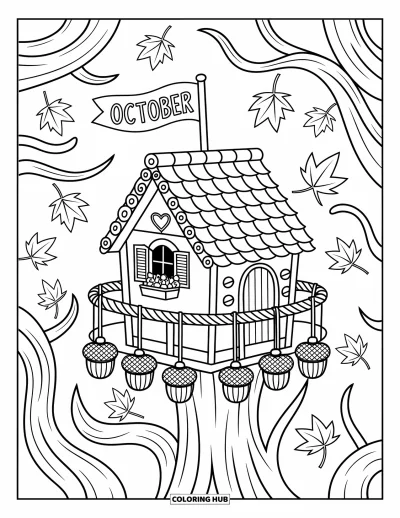 Coloriage d'octobre pour adultes : Une petite cabane dans les arbres avec des lanternes suspendues et un drapeau d'octobre qui flotte parmi les feuilles