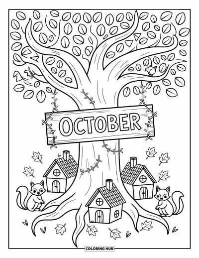 Coloriage d'octobre pour adultes : Un arbre magique abrite de petites maisons, des animaux espiègles et une enseigne d'octobre encadrée de lianes