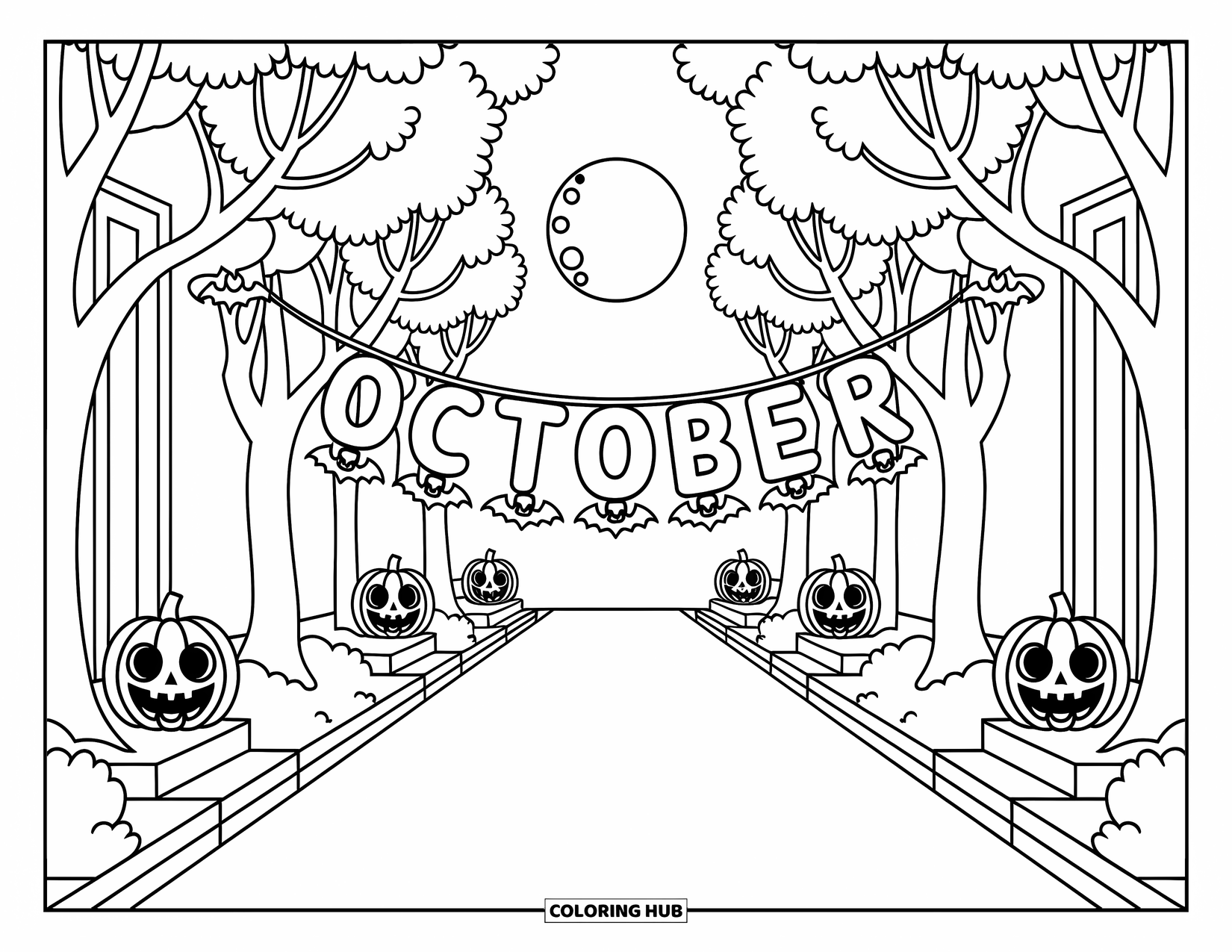 October Coloring Page for Adults: A moonlit street lined with trees and grinning jack-o'-lanterns welcomes October with charm