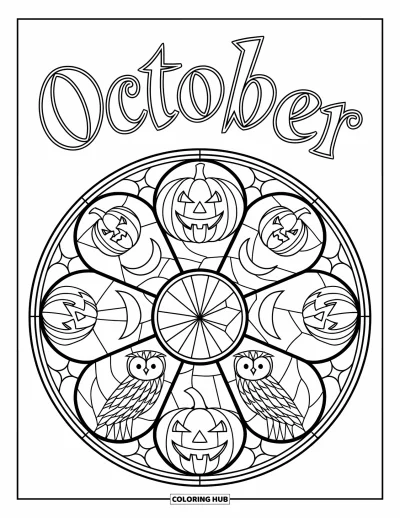 Coloriage d'octobre pour adultes : Un cercle de vitrail montre des citrouilles-lanternes, des hiboux et des lunes autour du mot octobre