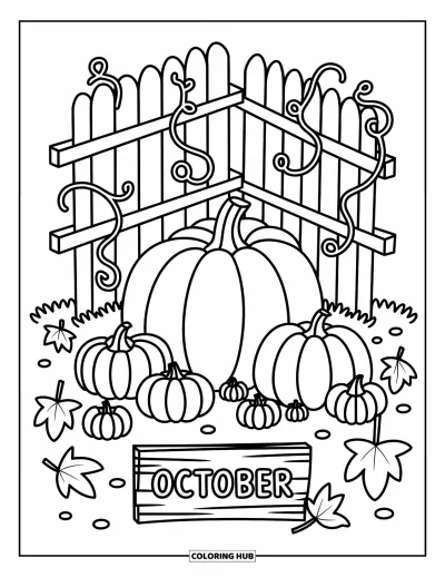 Coloriage d'octobre pour adultes : Un adorable potager de citrouilles avec des lianes sinueuses et une enseigne en bois qui dit octobre