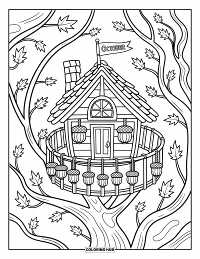 Coloriage d'octobre pour adultes : Une petite cabane dans les arbres avec des lanternes-glands et un drapeau d'octobre parmi les feuilles tourbillonnantes