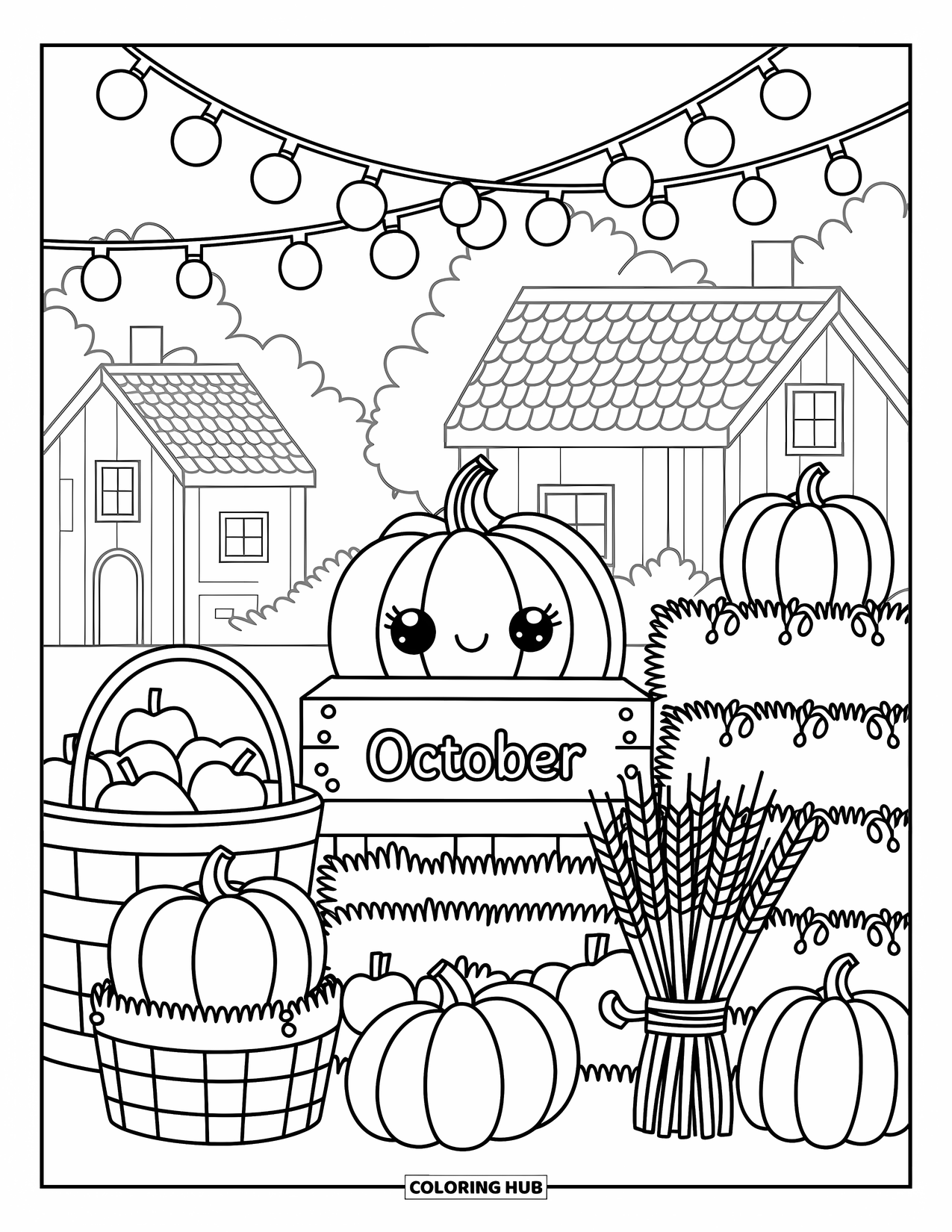 October Coloring Page for Adults: A village market with baskets of apples, pumpkins, and an October sign among crates