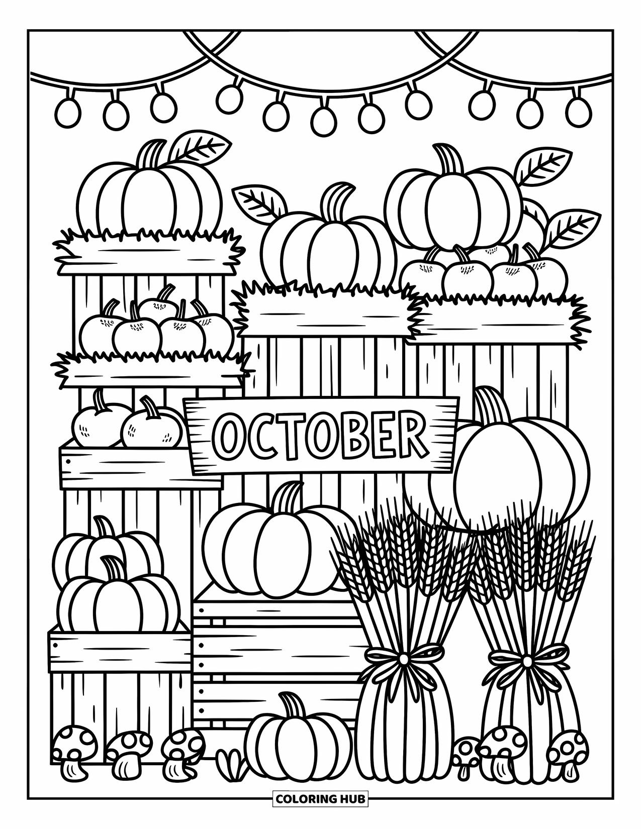 October Coloring Page for Adults: Apples, pumpkins, and ribbons decorate a market with a playful October sign