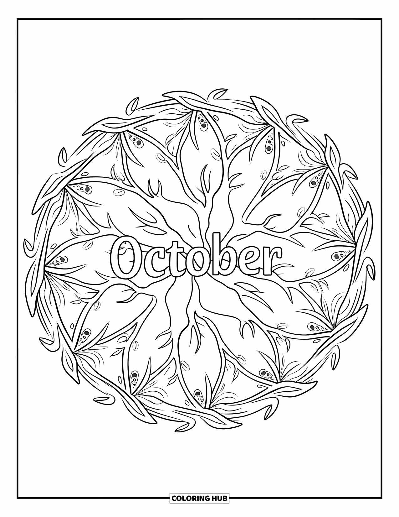 October Coloring Page for Adults: Branches and wind patterns surround October in an intricate fall mandala