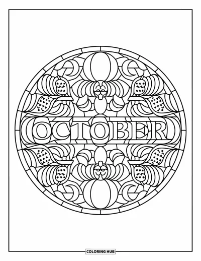 Coloriage d'octobre pour adultes : Des croissants de lune, des hiboux et des citrouilles remplissent un vitrail circulaire avec octobre au centre
