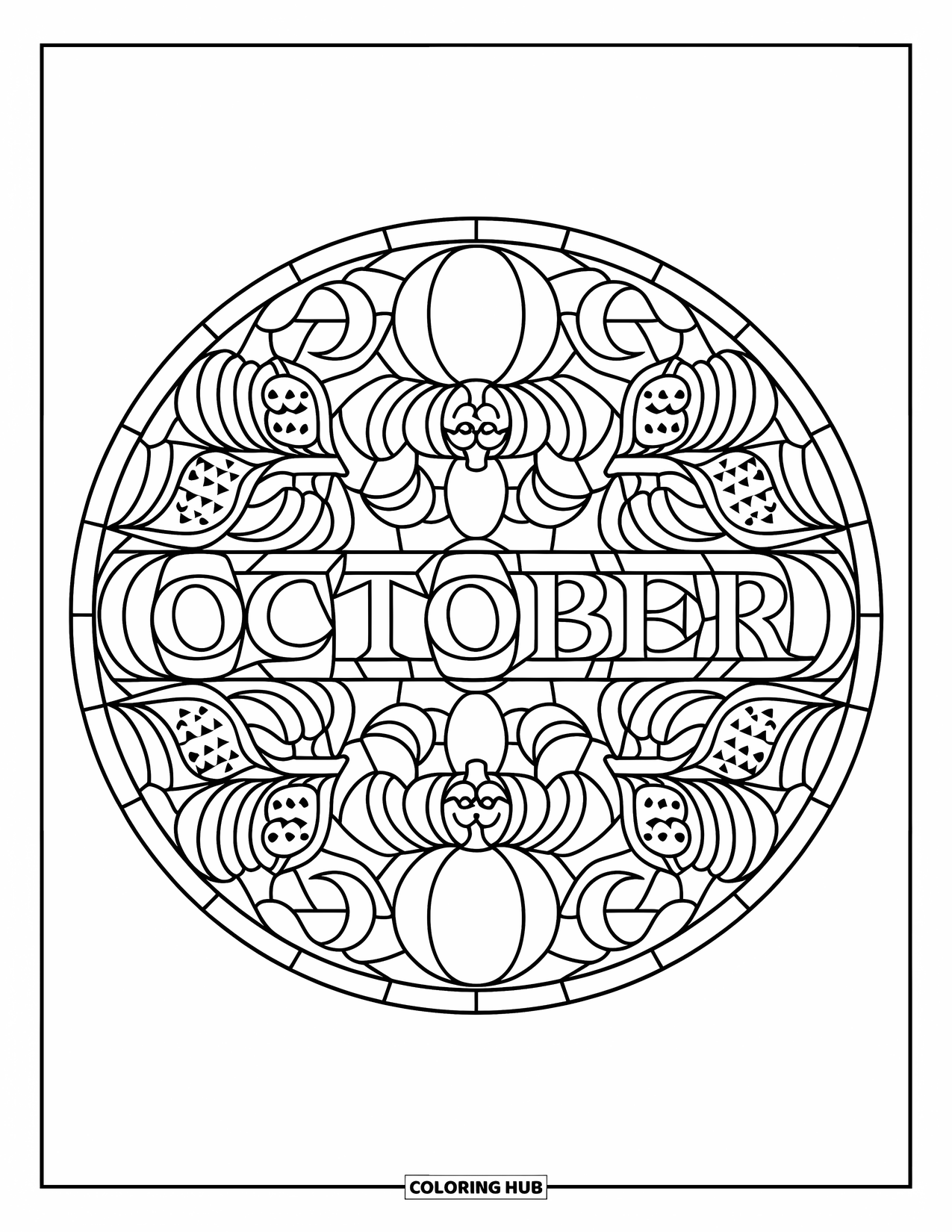 October Coloring Page for Adults: Crescent moons, owls, and pumpkins fill a circular stained glass design with October