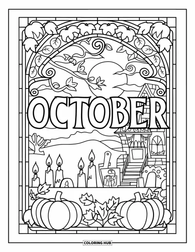 Coloriage d'octobre pour adultes : Octobre apparaît en vitrail avec des citrouilles et des lianes à côté d'une scène de maison hantée