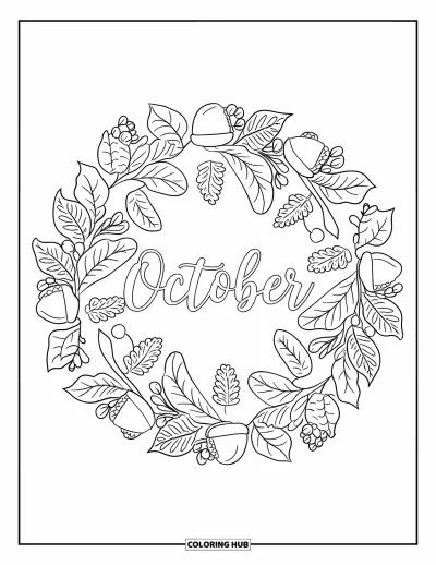 Coloriage d'octobre pour adultes : Octobre est écrit en cursive dans un mandala de baies, de feuilles et de glands aux textures riches