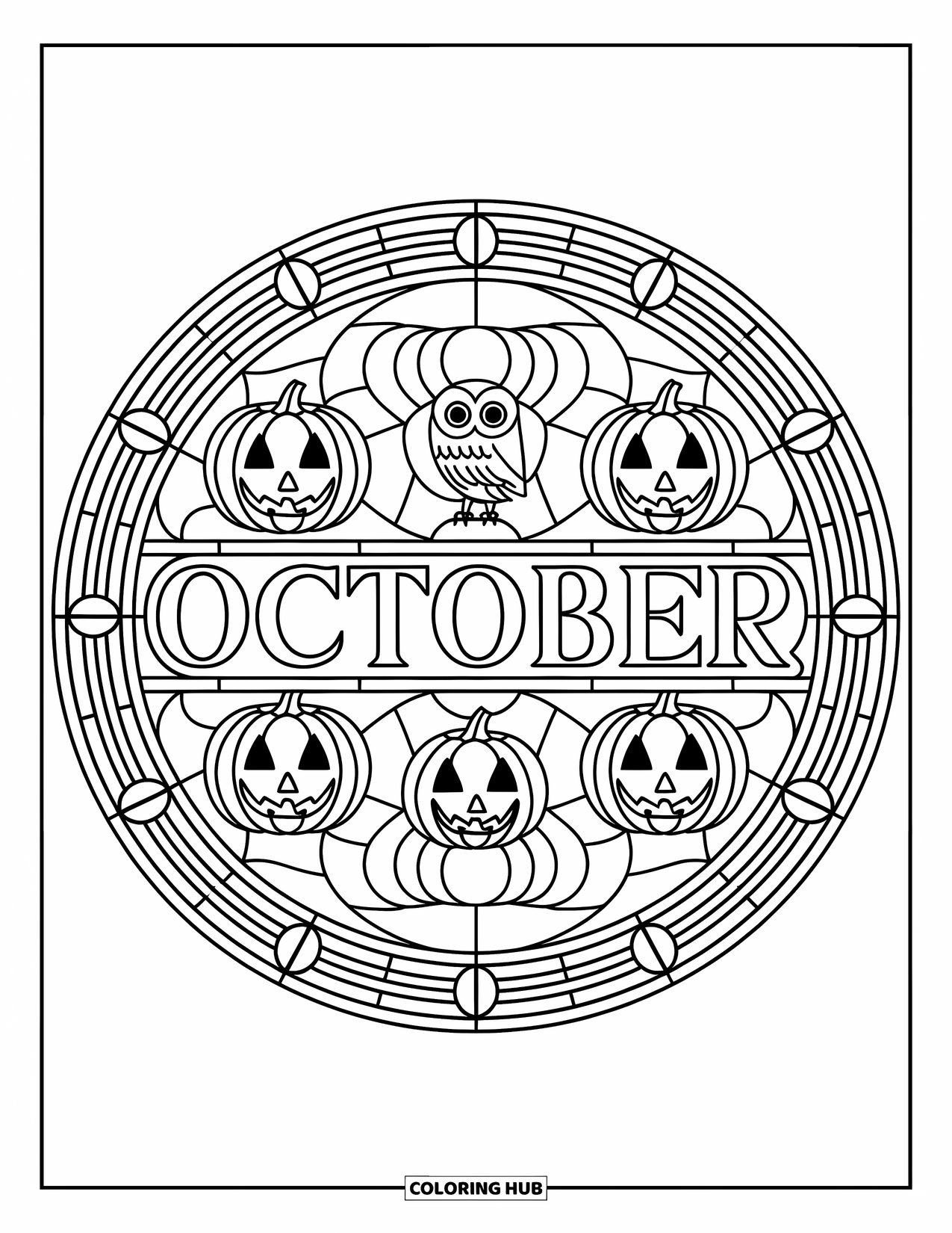October Coloring Page for Adults: October shines from the center of a stained glass circle with moons, owls, and pumpkins