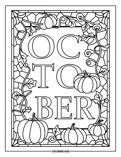 Coloriage d'octobre pour adultes : Octobre se dresse parmi des feuilles, des lianes et des citrouilles en style vitrail