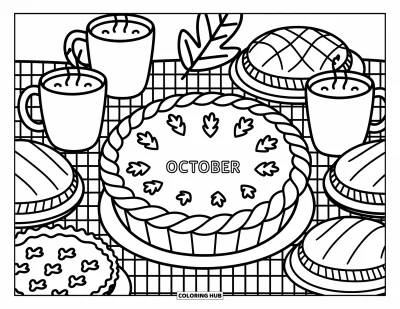 Coloriage d'octobre pour adultes : Des pâtisseries et une tarte entourent une boisson chaude et un dessert estampillé octobre sur une table