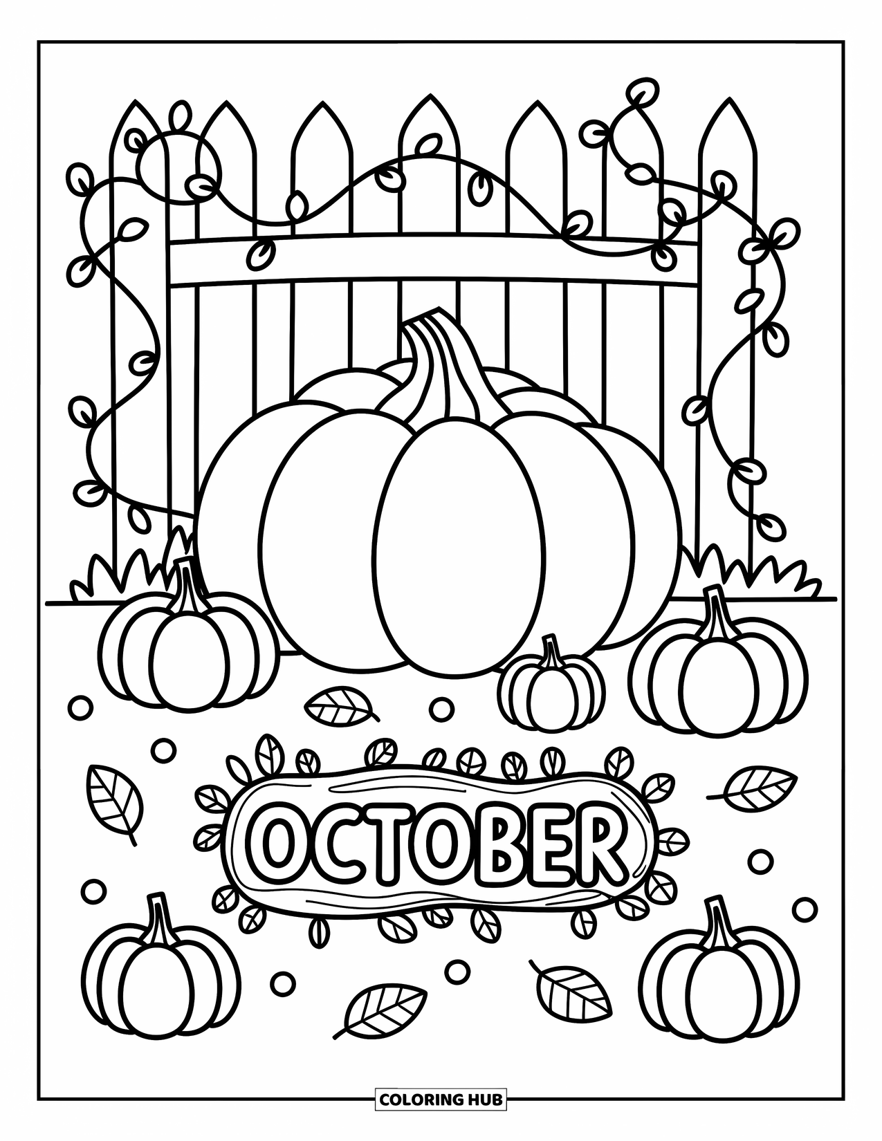 October Coloring Page for Adults: Pumpkins and playful vines sit near a wooden sign that warmly says October