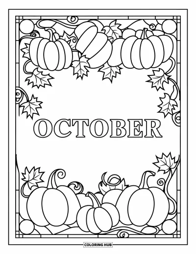 Coloriage d'octobre pour adultes : Des citrouilles et des lianes s'enroulent autour d'octobre dans un encadrement style vitrail