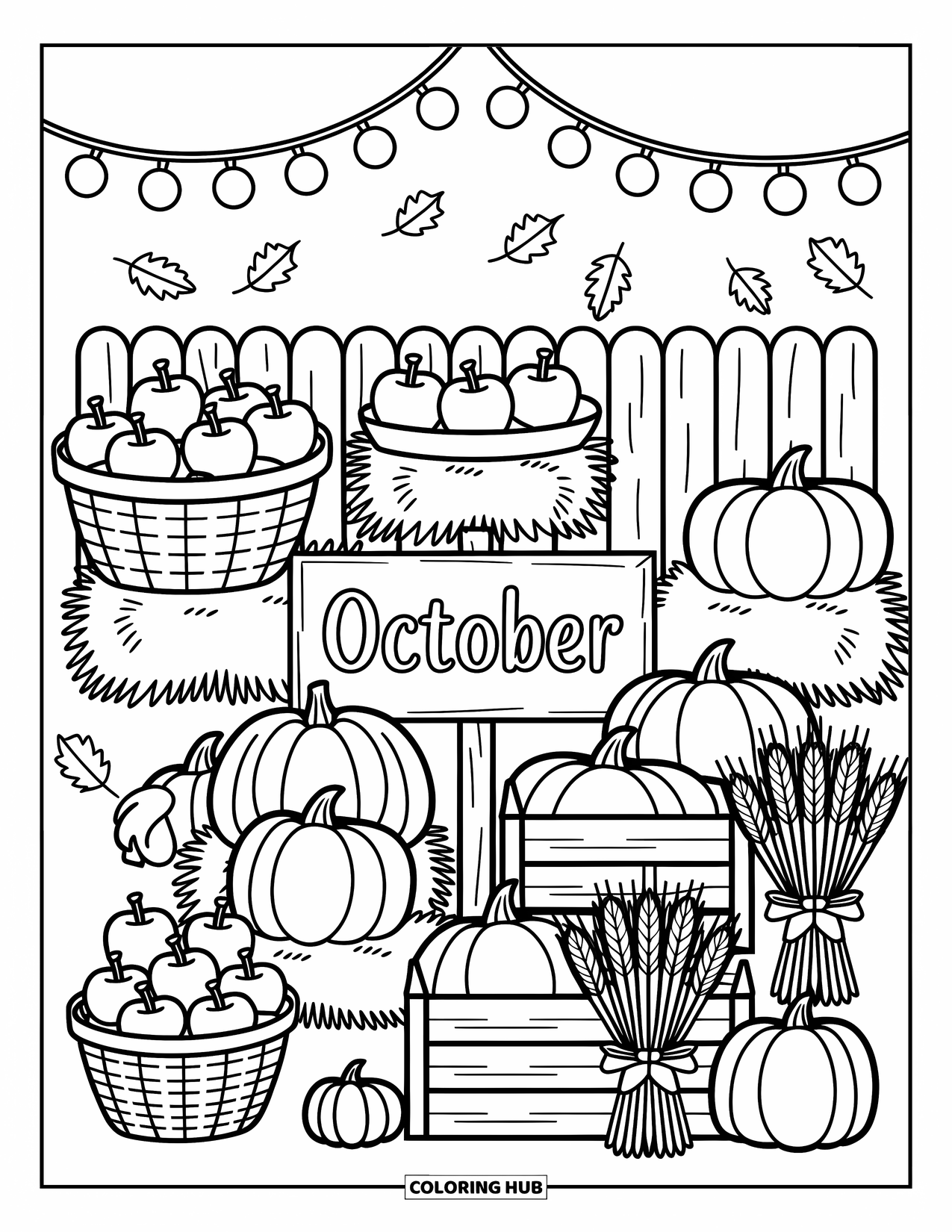 October Coloring Page for Adults: Pumpkins, apples, and wheat fill a market scene under lights and a cute October sign