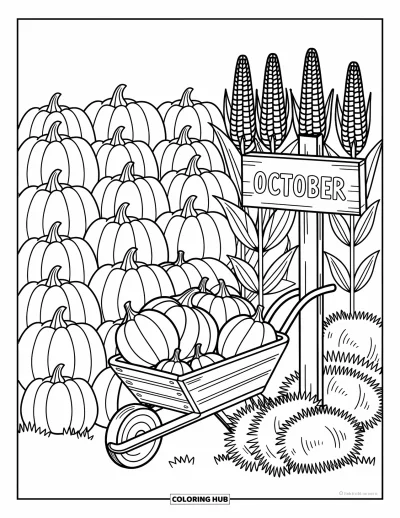Coloriage d'octobre pour adultes : Des citrouilles, du maïs et des légumes remplissent une scène de ferme chaleureuse avec une jolie enseigne d'octobre
