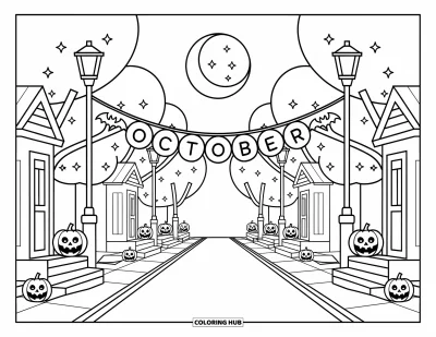 Coloriage d'octobre pour adultes : Des citrouilles-lanternes souriantes et des chauves-souris amicales décorent une rue paisible sous une bannière d'octobre
