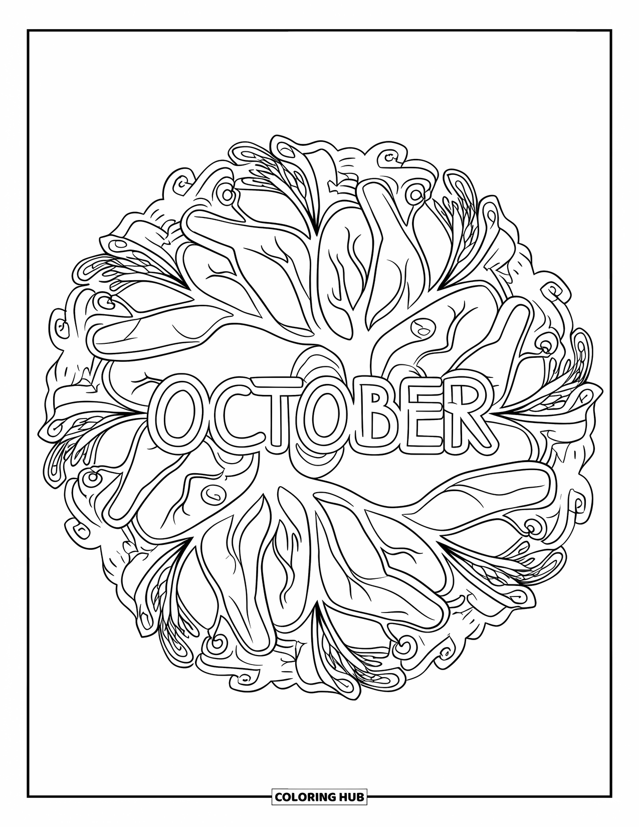 October Coloring Page for Adults: The word October rests in a mandala of tree branches, twigs, and swirling wind