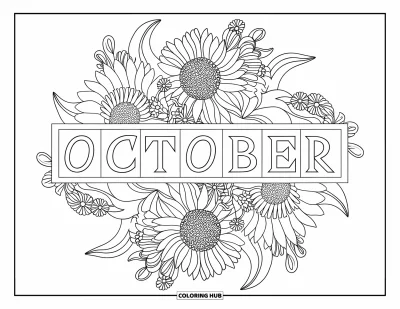Coloriage d'octobre pour adultes : Le mot octobre trône au centre d'un mandala floral avec des tournesols et des asters
