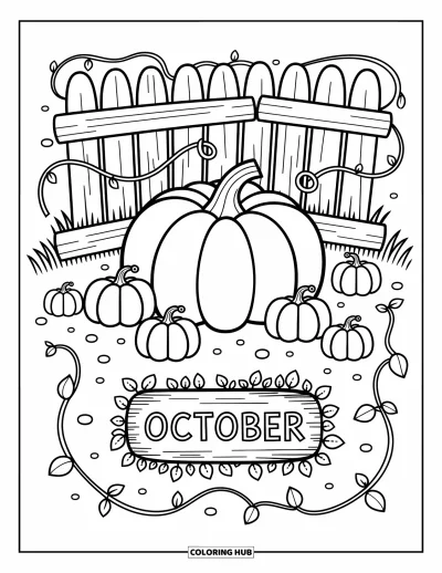 Coloriage d'octobre pour adultes : De petites citrouilles et des lianes enroulées remplissent un coin douillet avec une enseigne d'octobre au centre