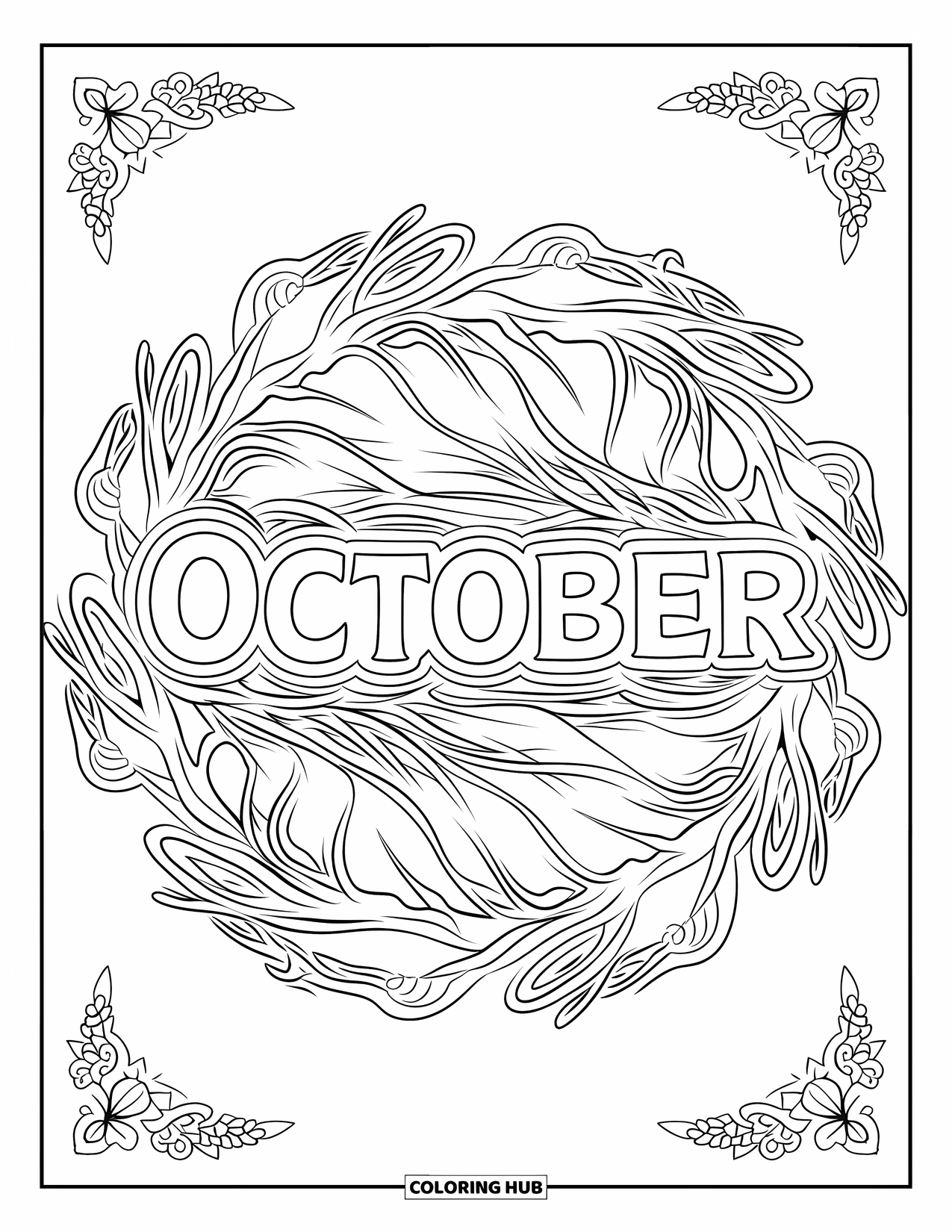 October Coloring Page for Adults: Tree limbs and twigs swirl in a mandala with October in the center