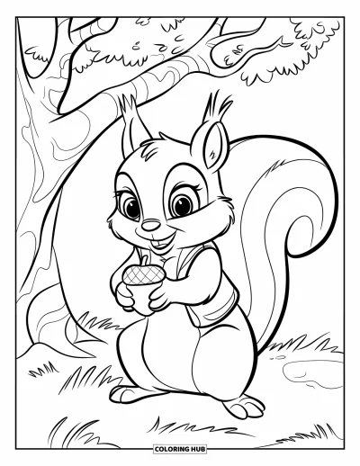 Coloriage d'octobre pour enfants : Un écureuil aux grands yeux portant un gilet tient un gland sous un arbre