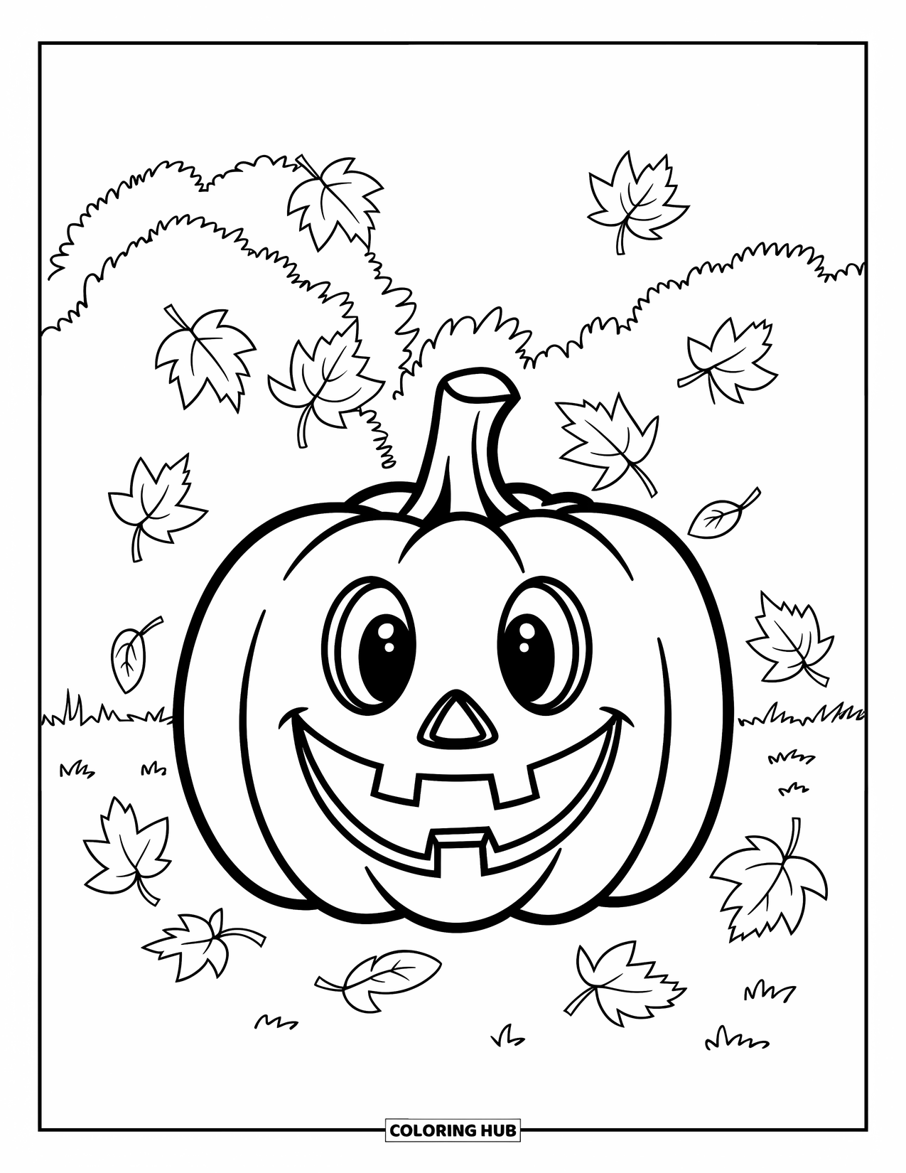 October Coloring Page for Kids: A big happy pumpkin with leaves floating through the air