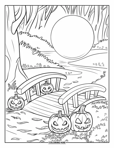 Coloriage d'octobre pour enfants : Un pont au-dessus d'un ruisseau bordé de citrouilles-lanternes et de feuilles d'automne