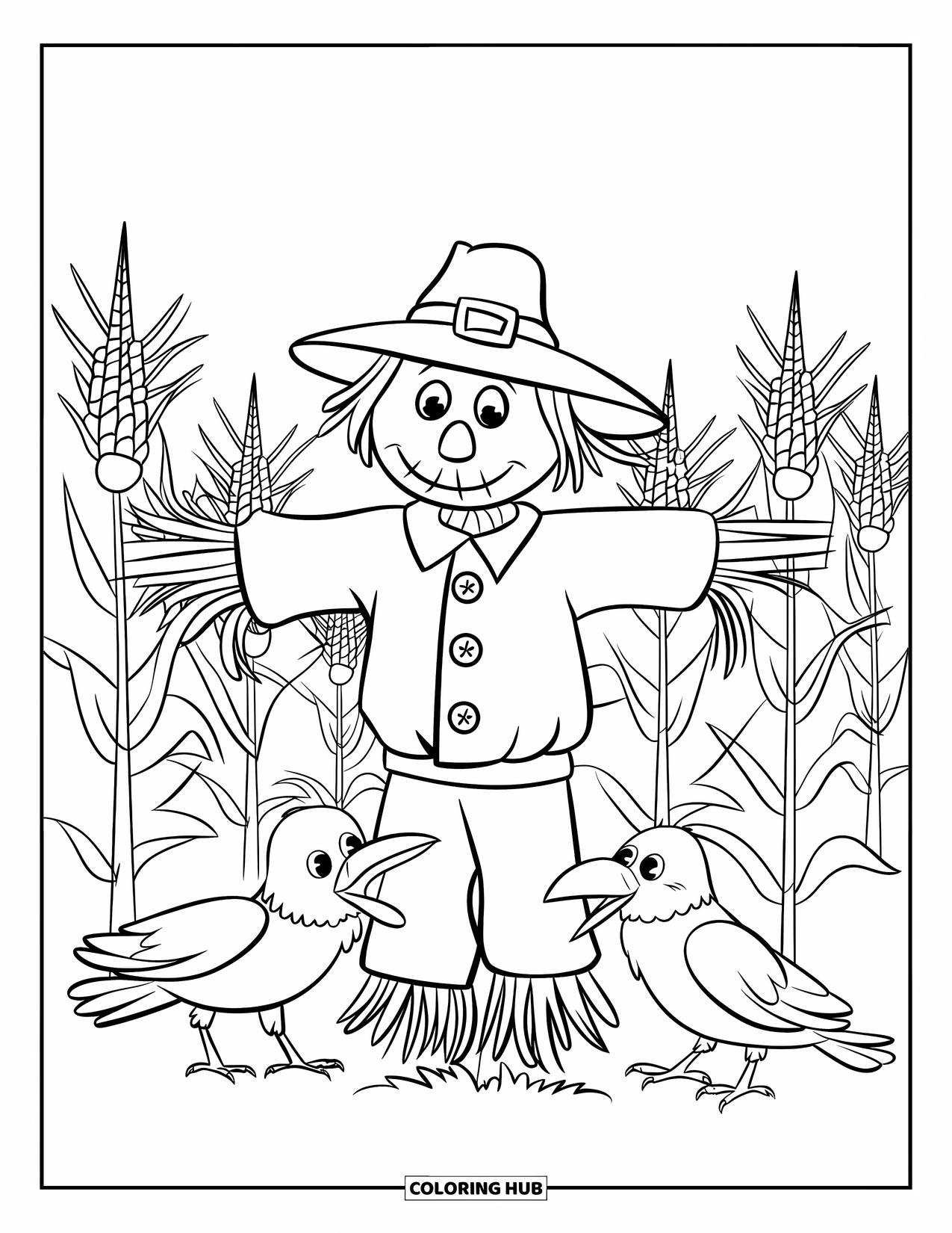 October Coloring Page for Kids: A button-eyed scarecrow and two crows in a quiet cornfield