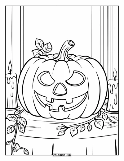 Coloriage d'octobre pour enfants : Une citrouille-lanterne souriante sur une table entourée de lianes et de bougies scintillantes
