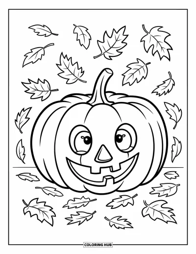 Coloriage d'octobre pour enfants : Une citrouille-lanterne souriante entourée de feuilles de toutes les formes