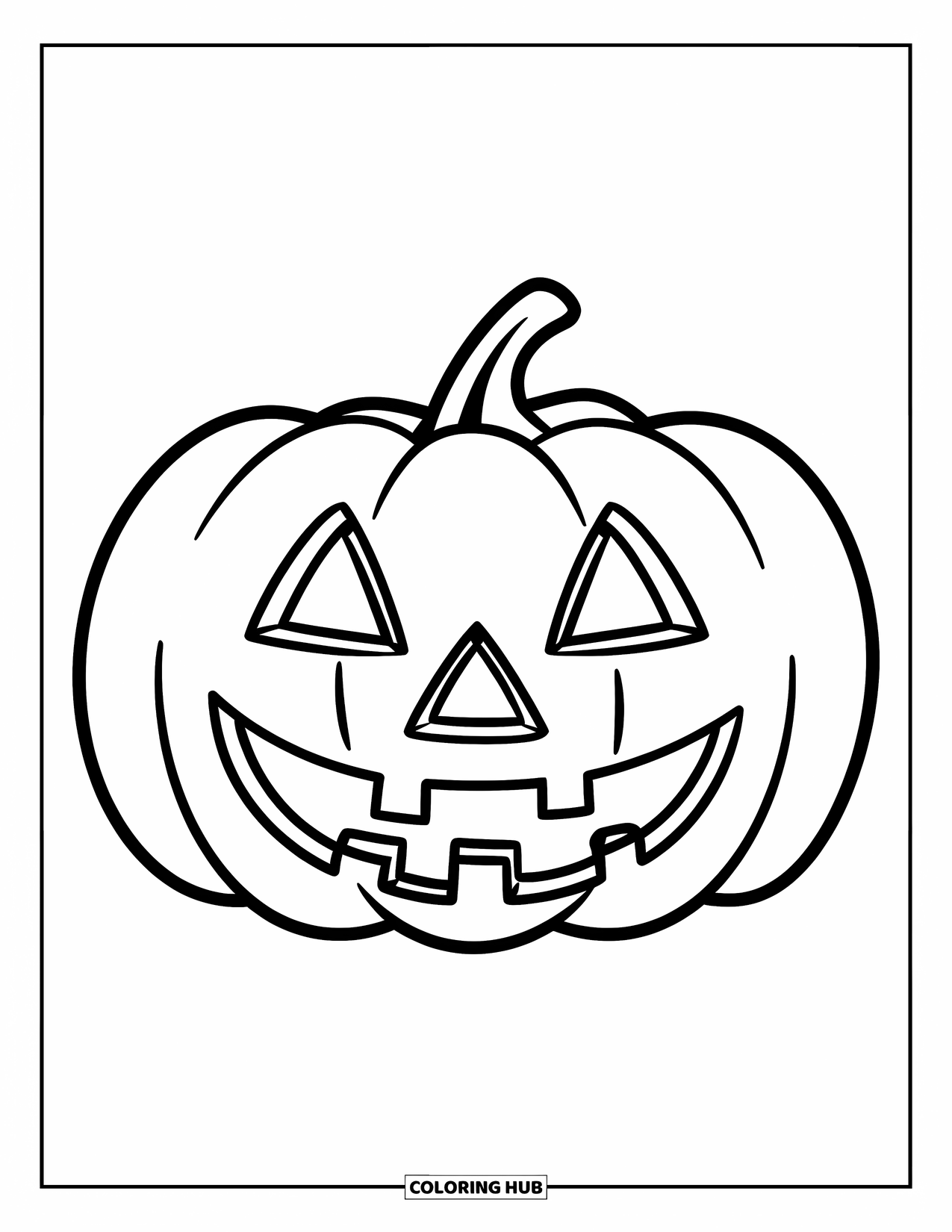 October Coloring Page for Kids: A cheerful jack-o'-lantern with triangle eyes and playful leaves around it