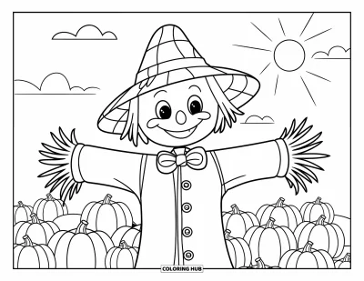 Coloriage d'octobre pour enfants : Un joyeux épouvantail se dresse parmi des citrouilles par une belle journée d'automne ensoleillée