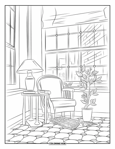 Coloriage d'octobre pour enfants : Un coin lecture confortable avec des livres, des couvertures et une boisson chaude