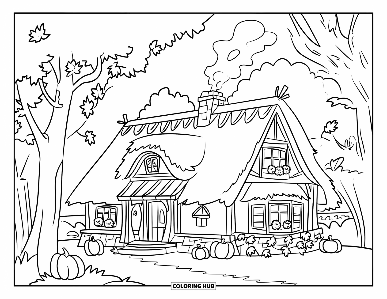 October Coloring Page for Kids: A cozy cottage with chimney smoke and scattered leaves on the ground