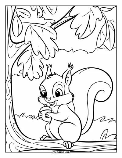 Coloriage d'octobre pour enfants : Un mignon écureuil serre un gland sous une branche d'arbre