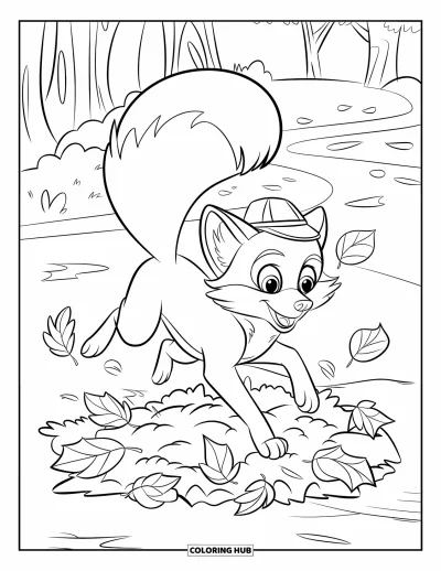 Coloriage d'octobre pour enfants : Un renard duveteux coiffé d'un chapeau saute dans un tas de feuilles malicieux