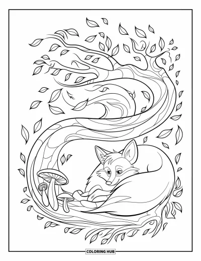 Coloriage d'octobre pour enfants : Un renard qui fait la sieste sous un arbre tourbillonnant entouré de champignons